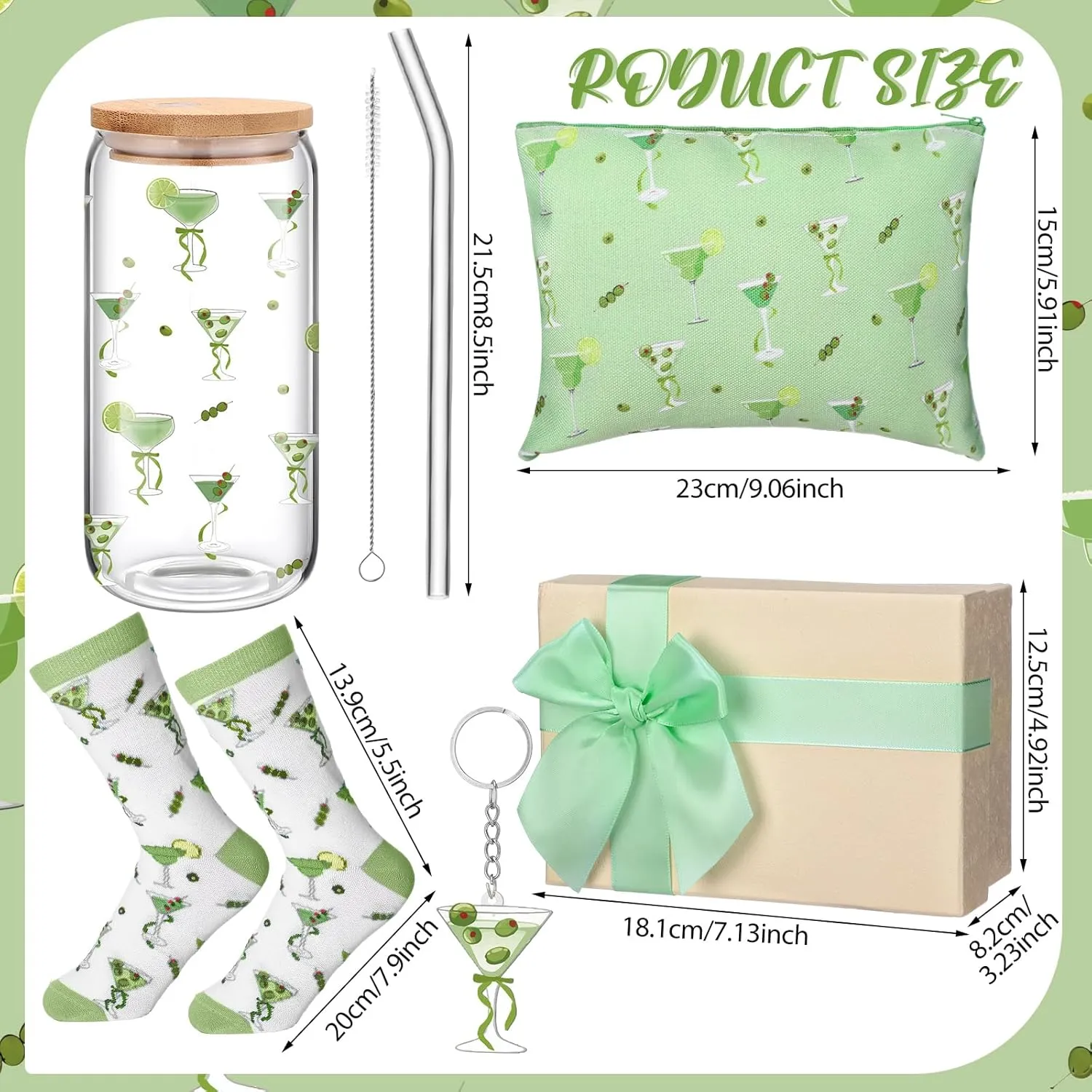 Boao 5 Pcs a Tini Bit Older Birthday Gift Green Martini Set with Glass Cup, Socks, Cosmetic Bag Keychain Coquette Stuff Thank You Gift Box for Girls Women
