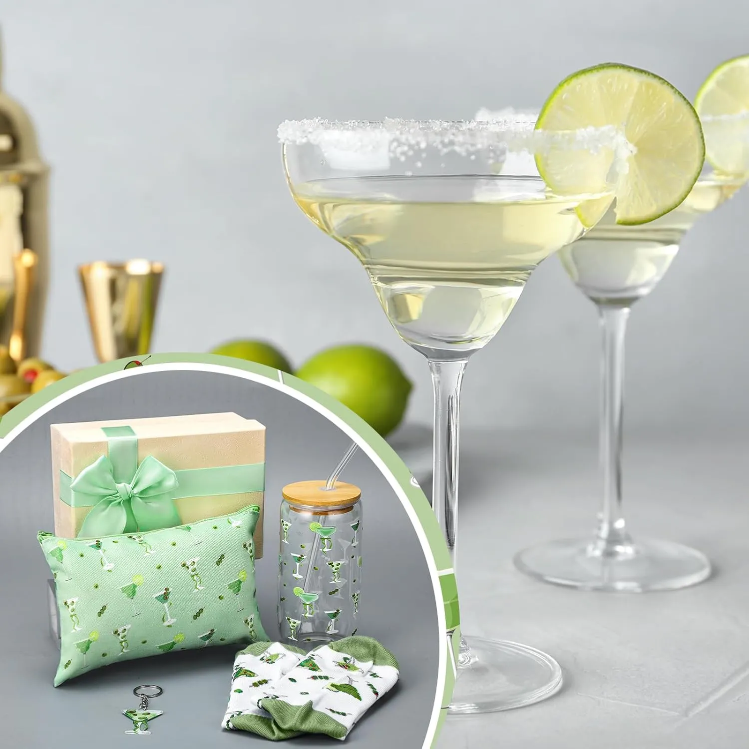 Boao 5 Pcs a Tini Bit Older Birthday Gift Green Martini Set with Glass Cup, Socks, Cosmetic Bag Keychain Coquette Stuff Thank You Gift Box for Girls Women