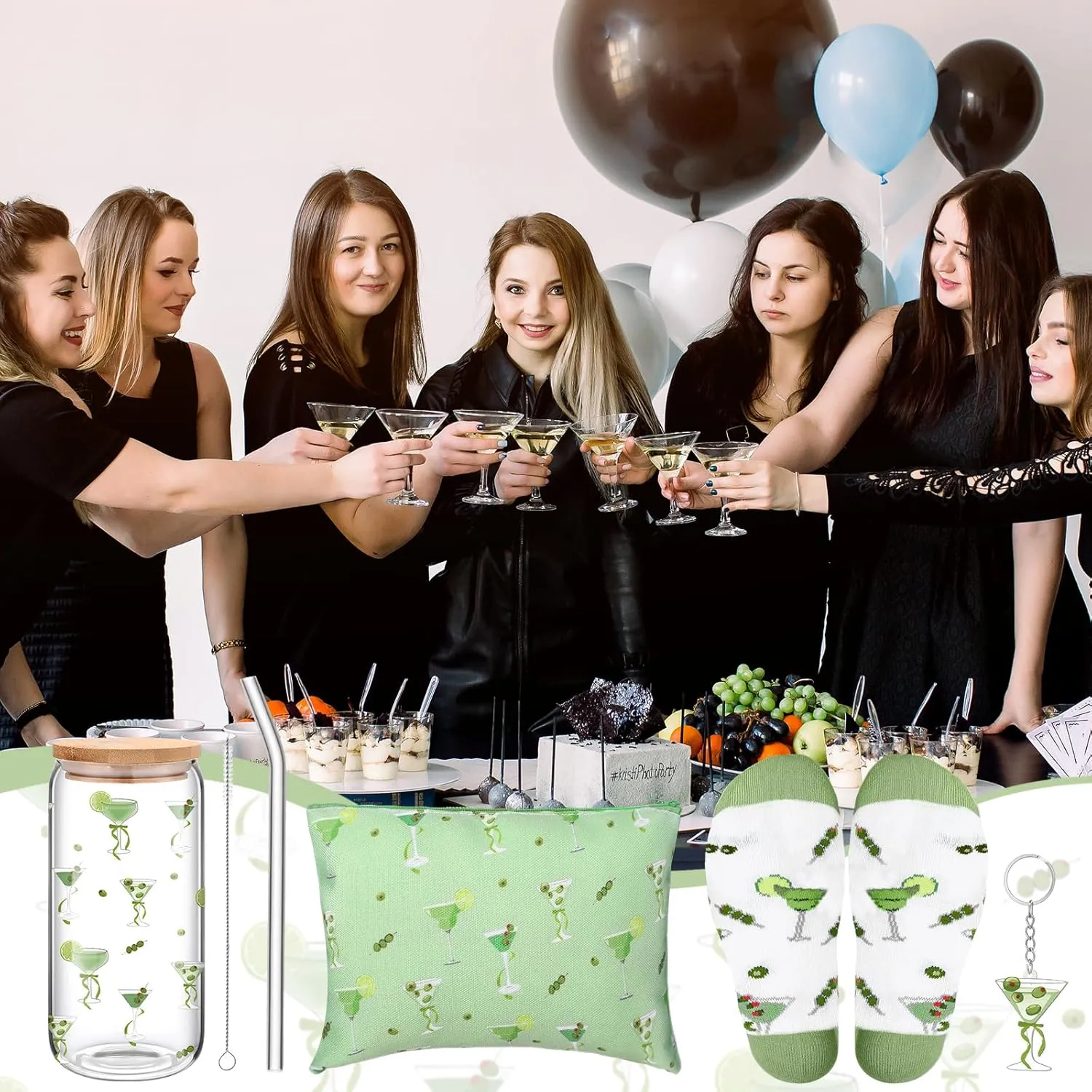 Boao 5 Pcs a Tini Bit Older Birthday Gift Green Martini Set with Glass Cup, Socks, Cosmetic Bag Keychain Coquette Stuff Thank You Gift Box for Girls Women