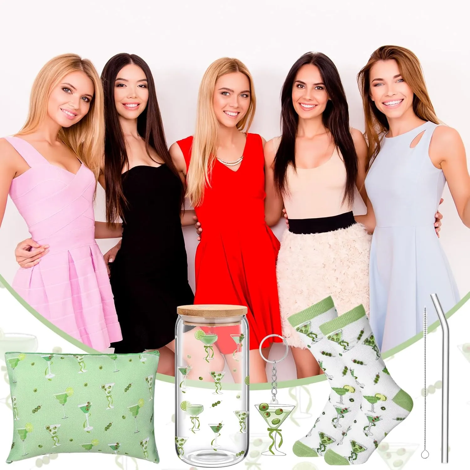 Boao 5 Pcs a Tini Bit Older Birthday Gift Green Martini Set with Glass Cup, Socks, Cosmetic Bag Keychain Coquette Stuff Thank You Gift Box for Girls Women