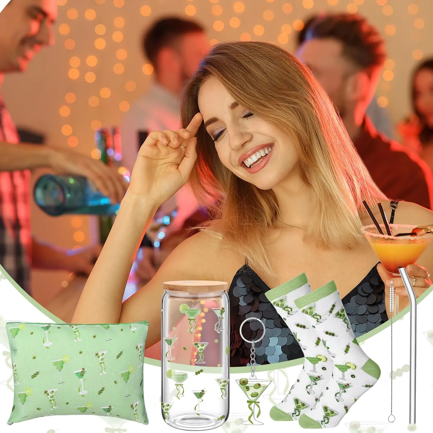 Boao 5 Pcs a Tini Bit Older Birthday Gift Green Martini Set with Glass Cup, Socks, Cosmetic Bag Keychain Coquette Stuff Thank You Gift Box for Girls Women
