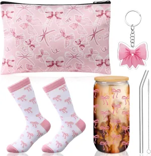Boao 5 Pcs Pink Bow Gift Set with Glass Cup, Socks, Cosmetic Bag Keychain Coquette Stuff Thank You Gift Box for Girls Women
