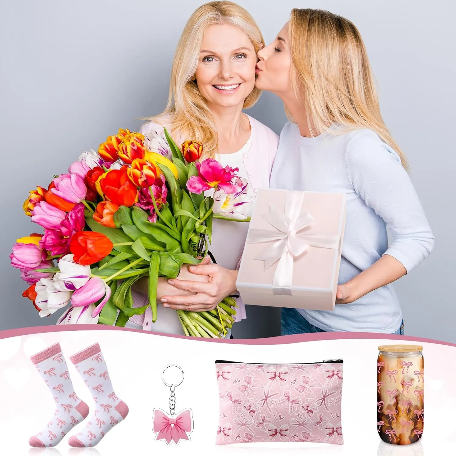 Boao 5 Pcs Pink Bow Gift Set with Glass Cup, Socks, Cosmetic Bag Keychain Coquette Stuff Thank You Gift Box for Girls Women