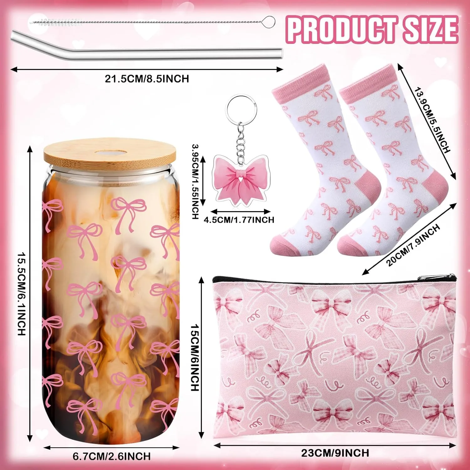 Boao 5 Pcs Pink Bow Gift Set with Glass Cup, Socks, Cosmetic Bag Keychain Coquette Stuff Thank You Gift Box for Girls Women