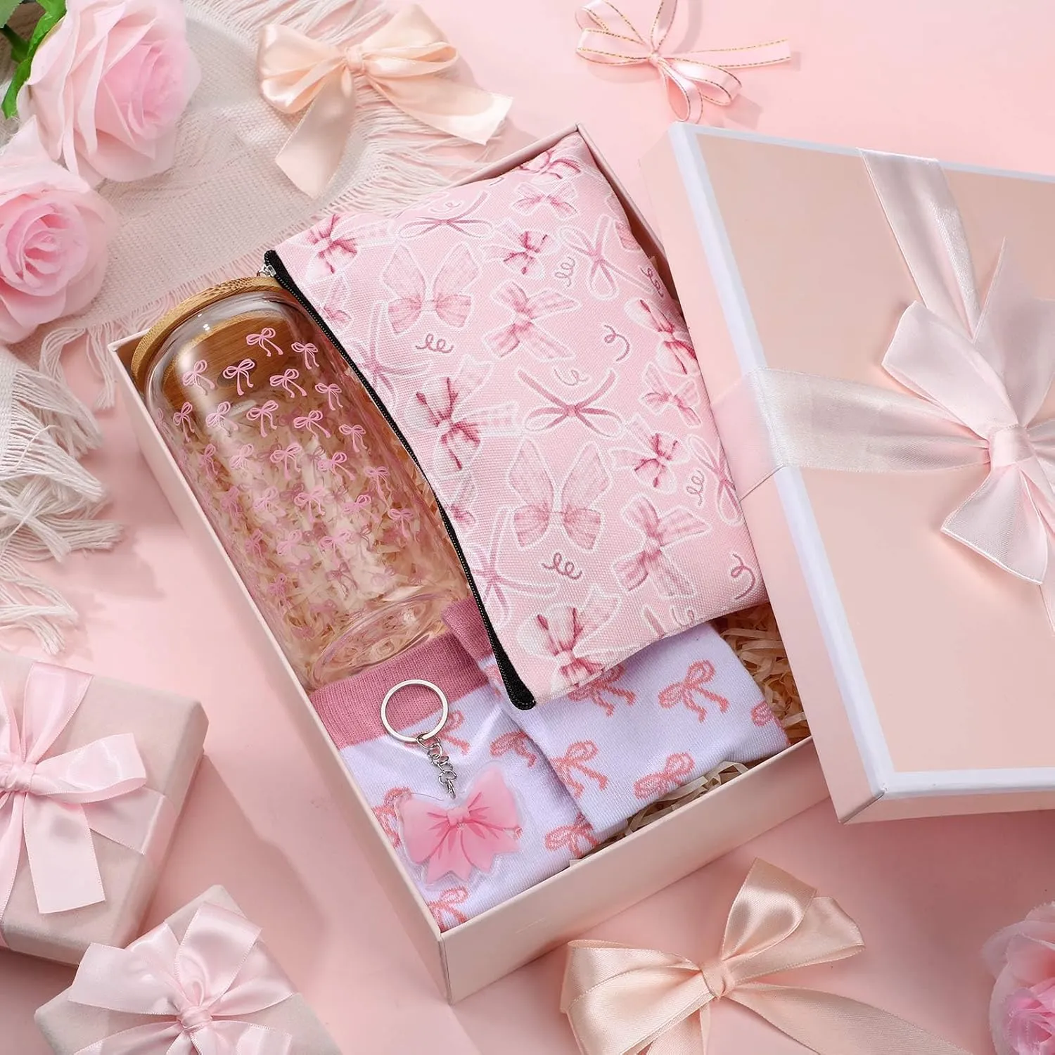 Boao 5 Pcs Pink Bow Gift Set with Glass Cup, Socks, Cosmetic Bag Keychain Coquette Stuff Thank You Gift Box for Girls Women