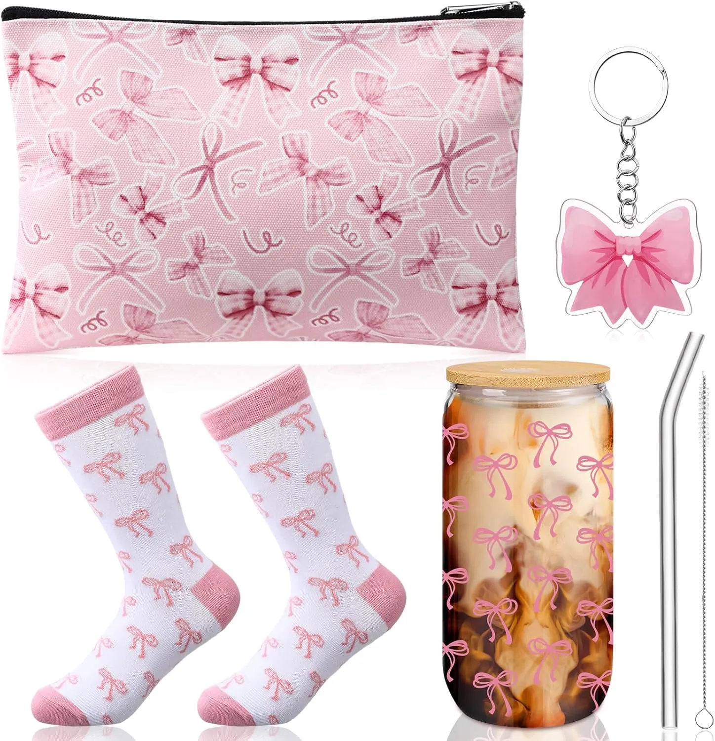 Boao 5 Pcs Pink Bow Gift Set with Glass Cup, Socks, Cosmetic Bag Keychain Coquette Stuff Thank You Gift Box for Girls Women