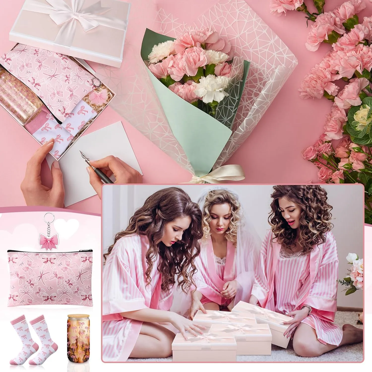 Boao 5 Pcs Pink Bow Gift Set with Glass Cup, Socks, Cosmetic Bag Keychain Coquette Stuff Thank You Gift Box for Girls Women