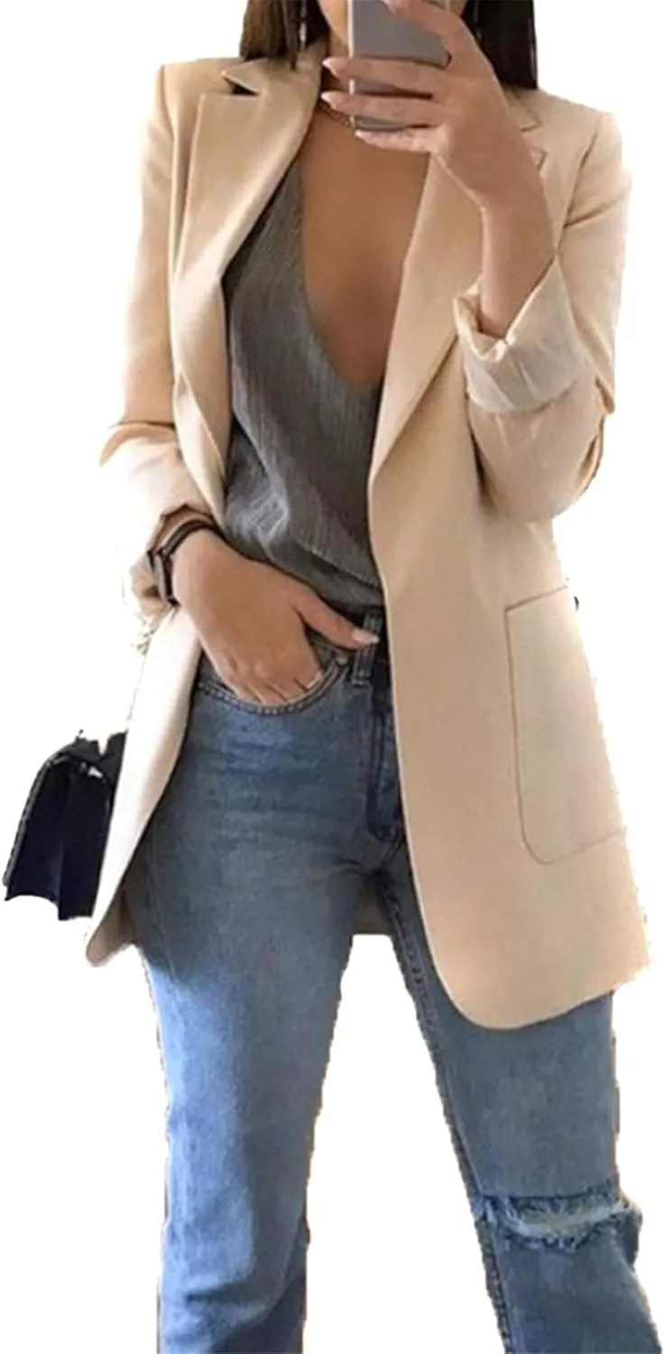 BOFETA Women's Solid Color Blazer Cardigan Casual Long Sleeve Plus Size Blazer with Pockets