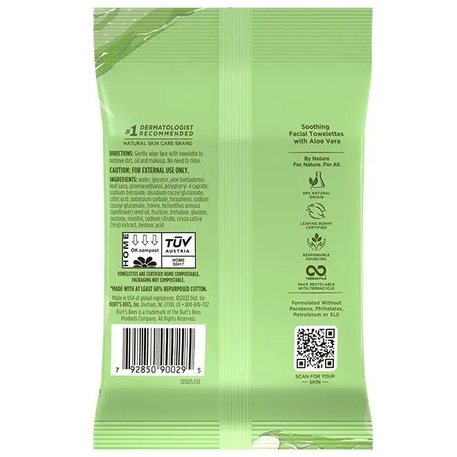 Burt's Bees Soothing 3-in-1 Facial Towelettes with Aloe Vera 30 Towelette