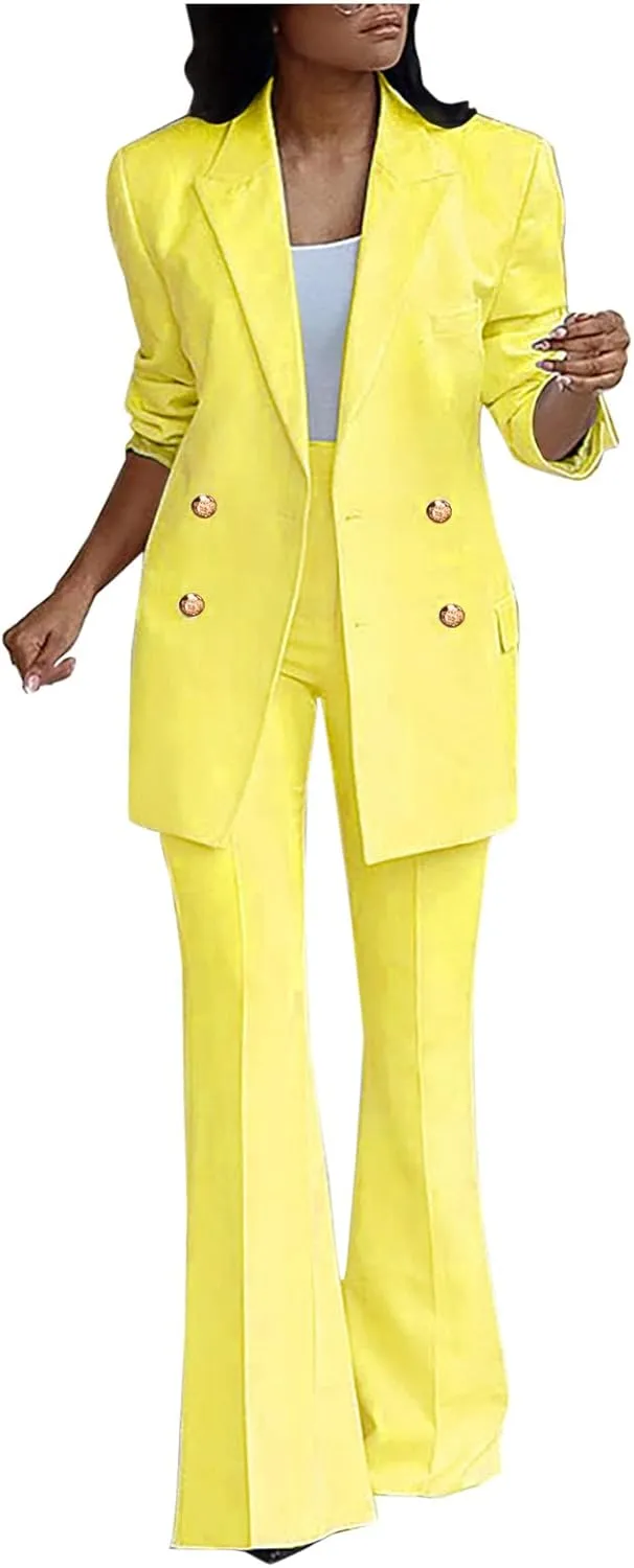 Business Casual Clothes for Women Fashion Work Suit Two Piece Outfits Dressy Button Blazer and Wide Leg Pant Suit Set