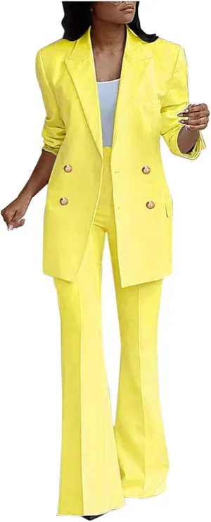 Business Casual Clothes for Women Fashion Work Suit Two Piece Outfits Dressy Button Blazer and Wide Leg Pant Suit Set