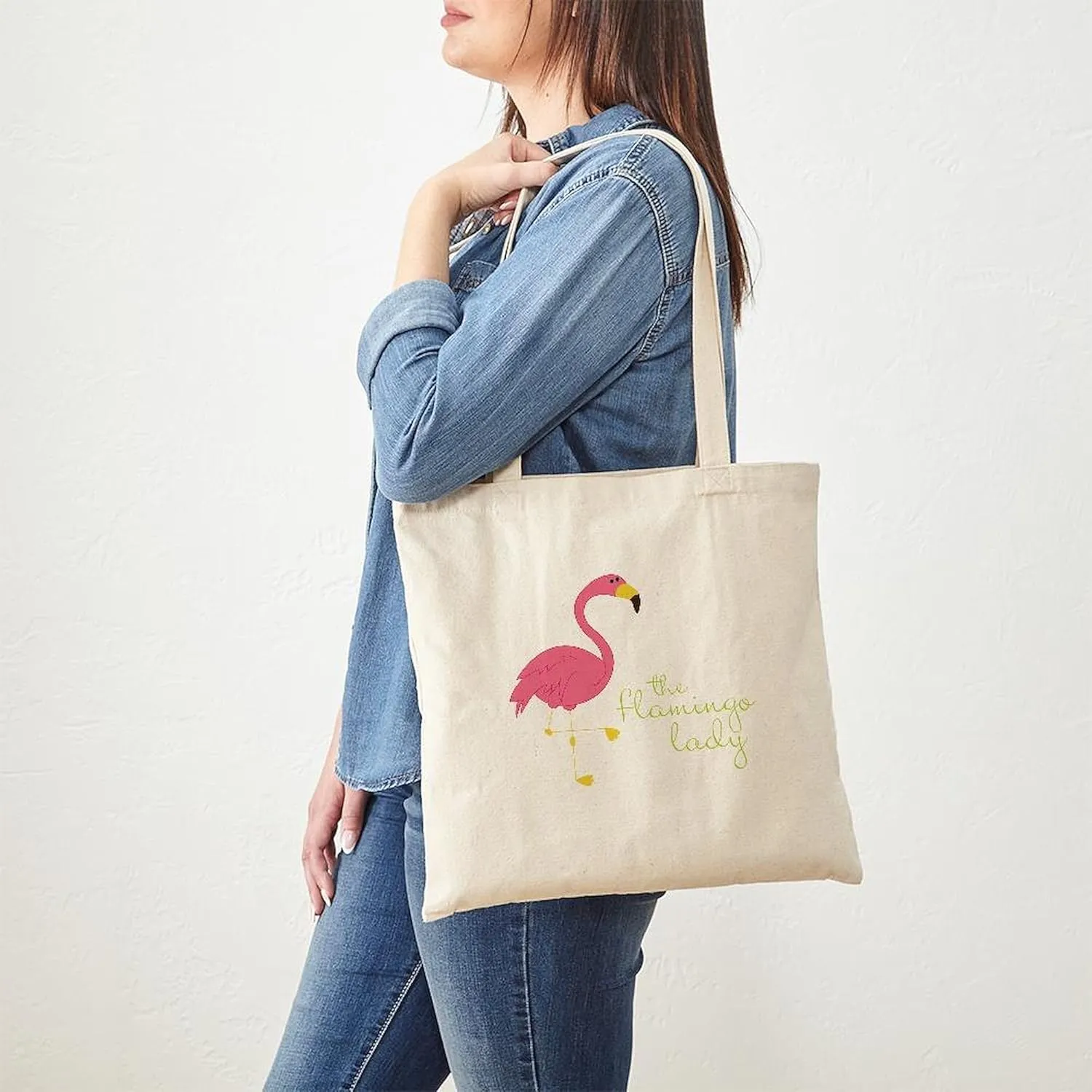 CafePress The Flamingo Lady Tote Bag Reusable Natural Beige Canvas Shopping Bag