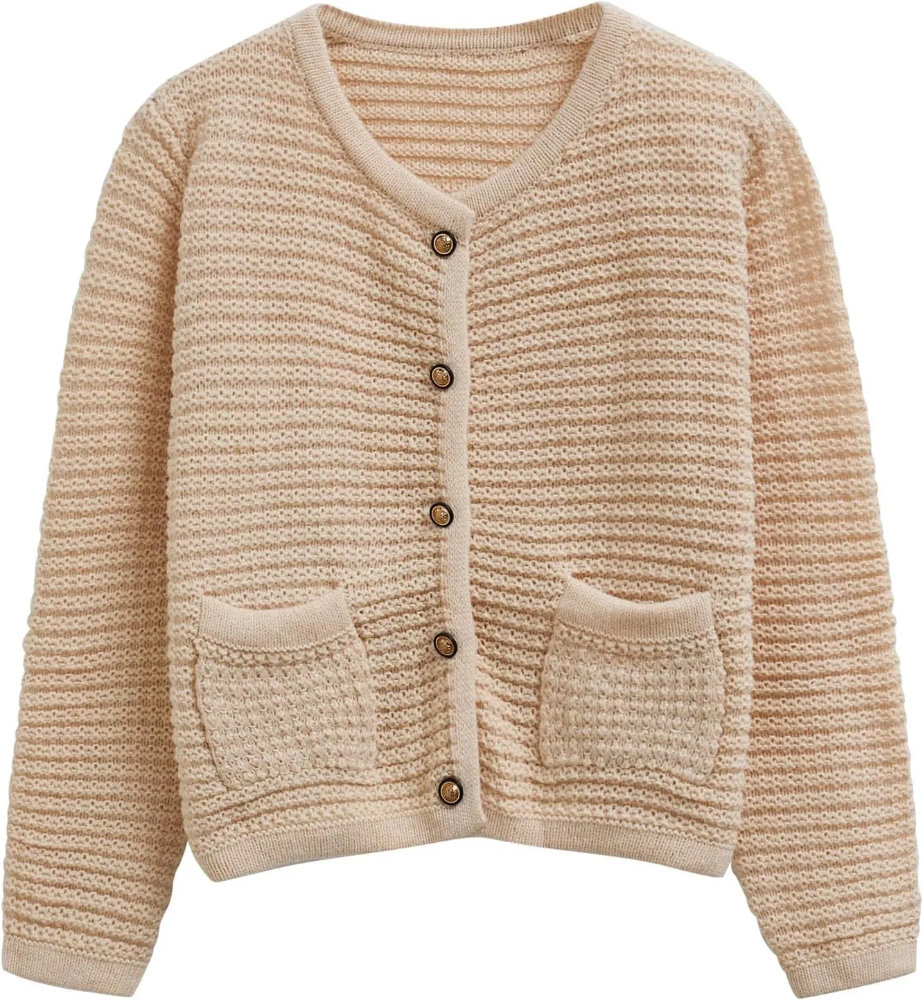 CHICWISH Women Waffle Knit Sweater Cardigan Open Front Button Crop Cardigan Long Sleeve Fall Casual Coat with Pockets