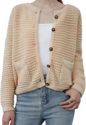 CHICWISH Women Waffle Knit Sweater Cardigan Open Front Button Crop Cardigan Long Sleeve Fall Casual Coat with Pockets