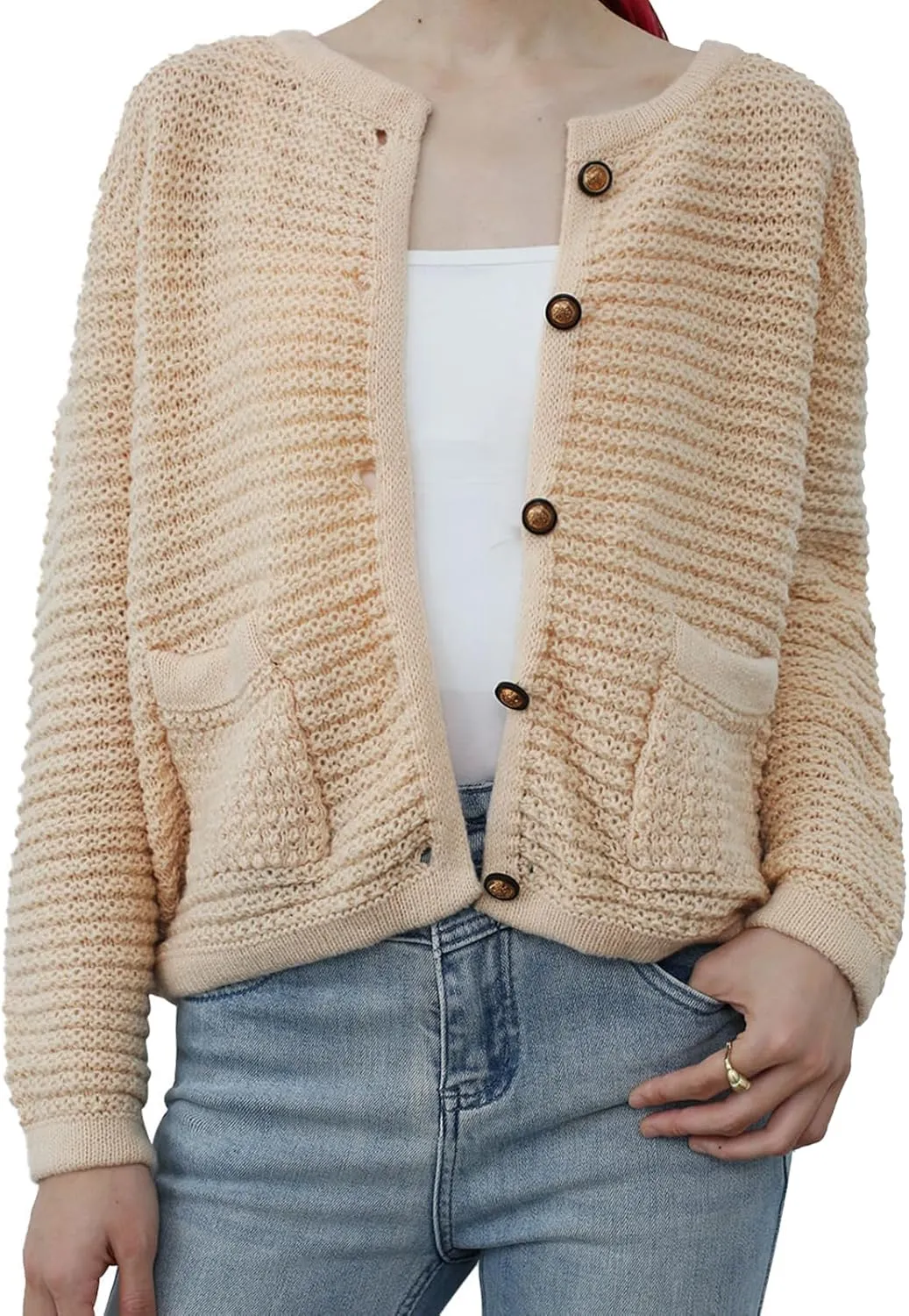 CHICWISH Women Waffle Knit Sweater Cardigan Open Front Button Crop Cardigan Long Sleeve Fall Casual Coat with Pockets