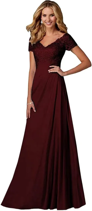 Chiffon Mother of The Bride Dresses Long Laces Appliques V-Neck Pleat Mother Bride Dresses for Wedding with Sleeves