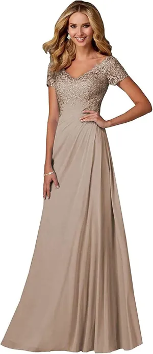 Chiffon Mother of The Bride Dresses Long Laces Appliques V-Neck Pleat Mother Bride Dresses for Wedding with Sleeves