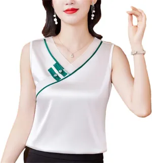 Chinese Style Women Tank Top Spring Summer Silk Satin Vest V Neck Sleeveless Casual Camisole
