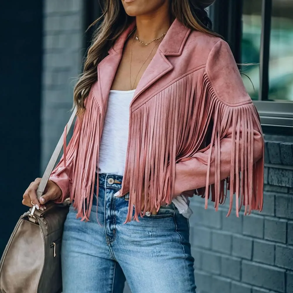 chouyatou Women's Fashion Notched Collar Open-Front Fringed Performance Moto Faux Suede Leather Crop Jacket Coat