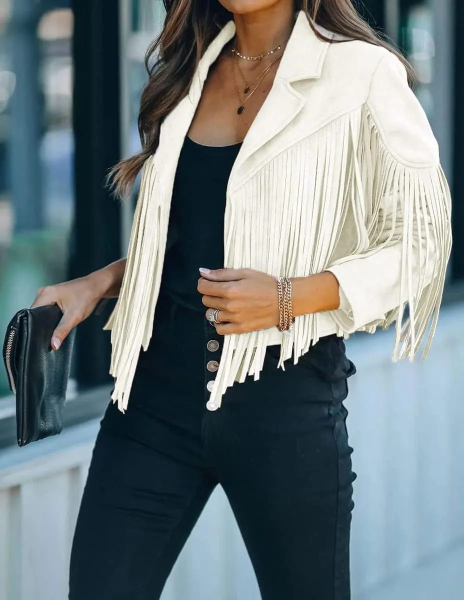 chouyatou Women's Fashion Notched Collar Open-Front Fringed Performance Moto Faux Suede Leather Crop Jacket Coat