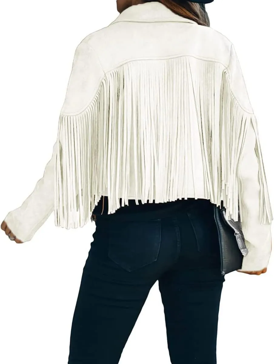 chouyatou Women's Fashion Notched Collar Open-Front Fringed Performance Moto Faux Suede Leather Crop Jacket Coat