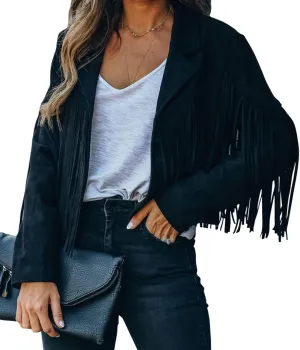 chouyatou Women's Fashion Notched Collar Open-Front Fringed Performance Moto Faux Suede Leather Crop Jacket Coat