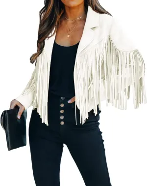 chouyatou Women's Fashion Notched Collar Open-Front Fringed Performance Moto Faux Suede Leather Crop Jacket Coat