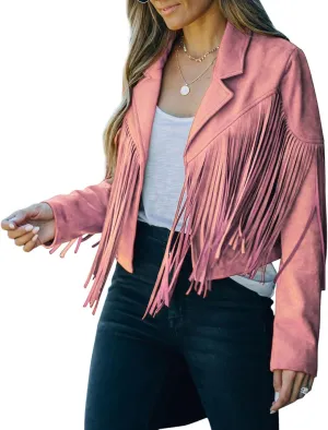 chouyatou Women's Fashion Notched Collar Open-Front Fringed Performance Moto Faux Suede Leather Crop Jacket Coat
