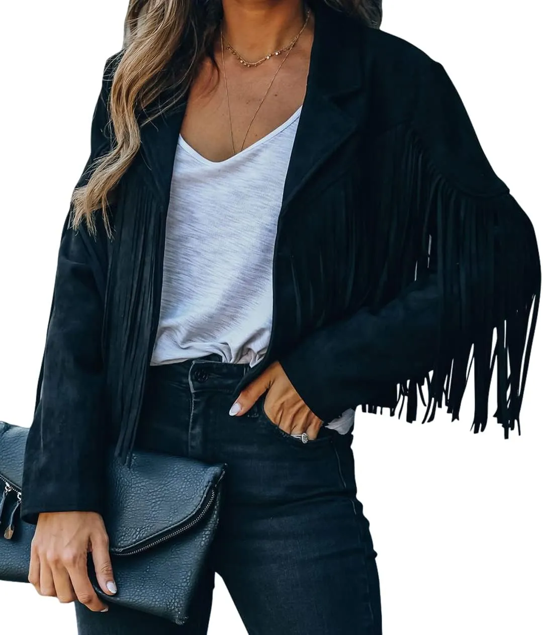chouyatou Women's Fashion Notched Collar Open-Front Fringed Performance Moto Faux Suede Leather Crop Jacket Coat