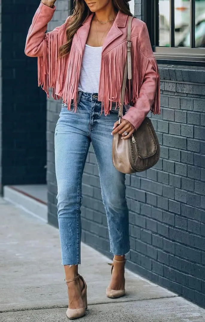 chouyatou Women's Fashion Notched Collar Open-Front Fringed Performance Moto Faux Suede Leather Crop Jacket Coat