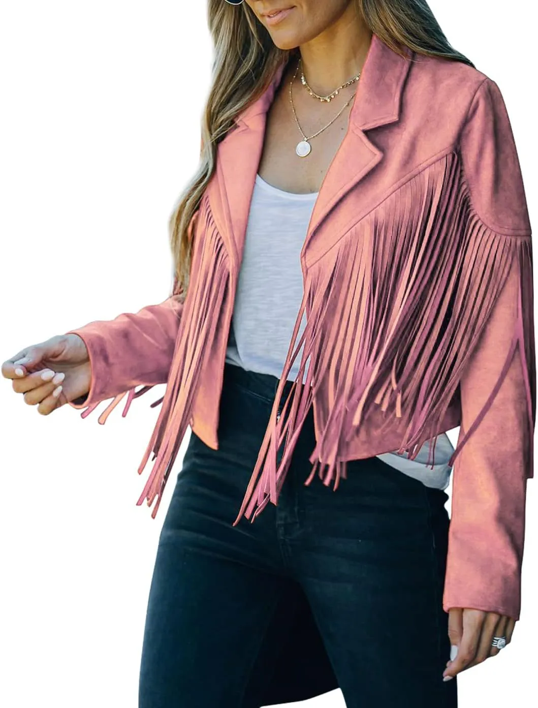 chouyatou Women's Fashion Notched Collar Open-Front Fringed Performance Moto Faux Suede Leather Crop Jacket Coat