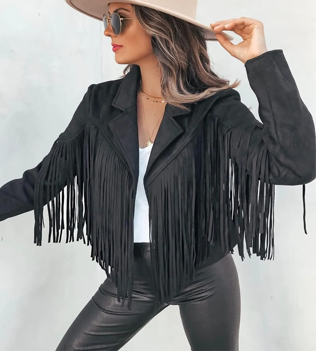 chouyatou Women's Fashion Notched Collar Open-Front Fringed Performance Moto Faux Suede Leather Crop Jacket Coat