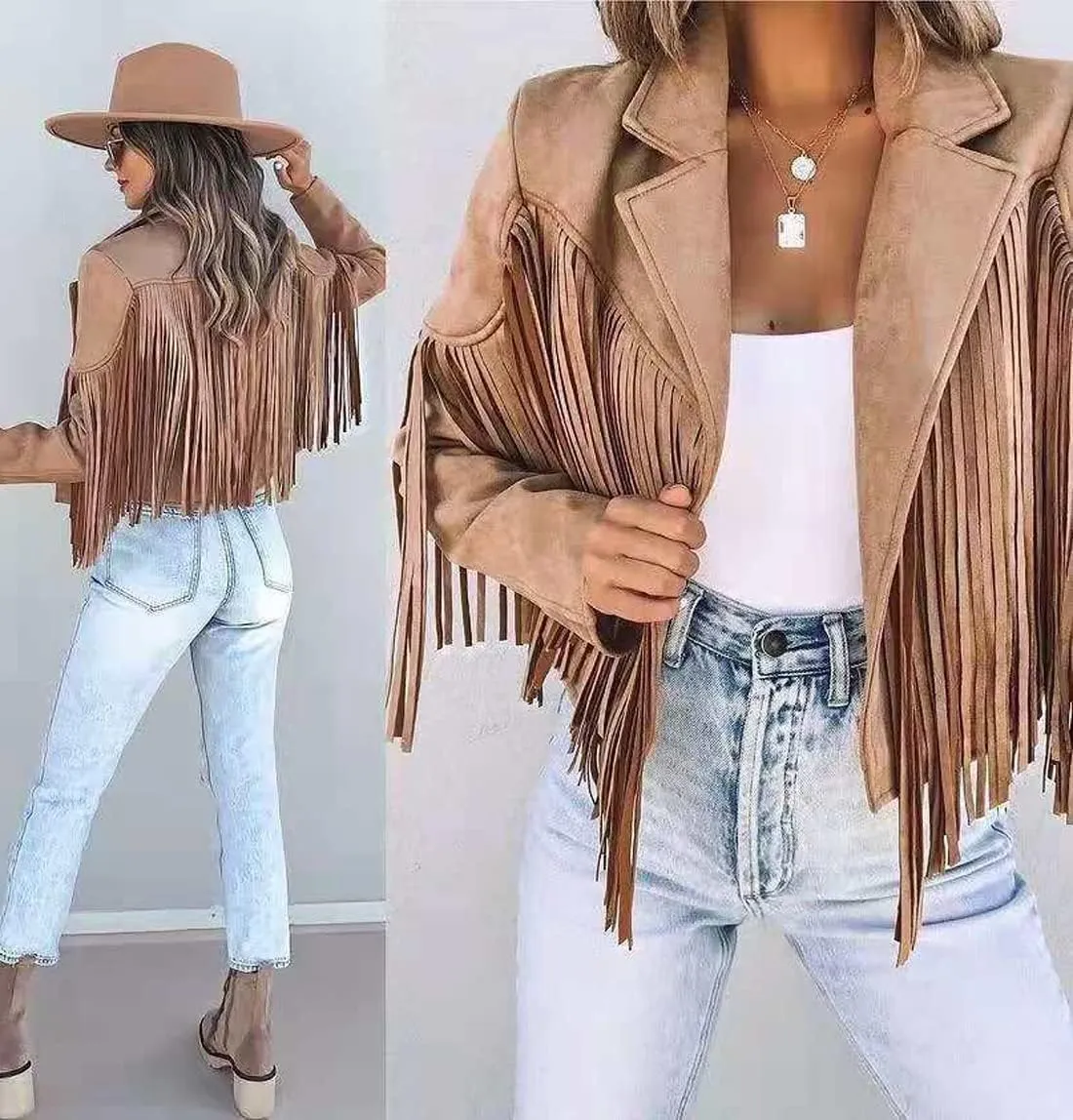 chouyatou Women's Fashion Notched Collar Open-Front Fringed Performance Moto Faux Suede Leather Crop Jacket Coat