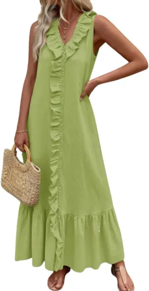chouyatou Women's Summer Beach Cotton Tank Dress Linen Boho Sleeveless Tiered Ruffle Maxi Long Sundress