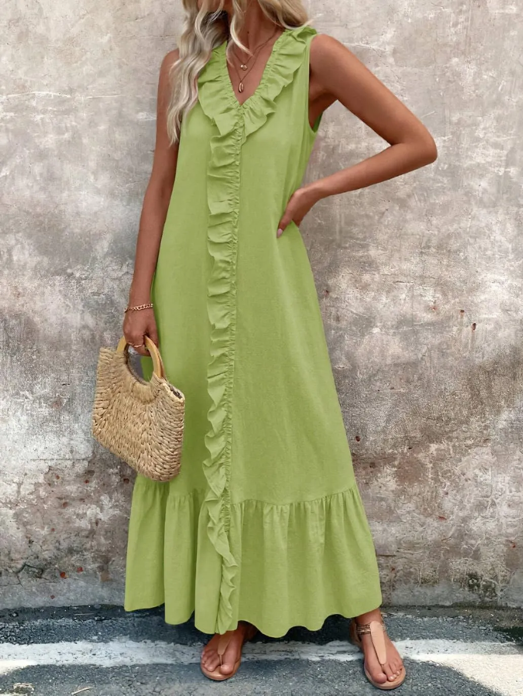 chouyatou Women's Summer Beach Cotton Tank Dress Linen Boho Sleeveless Tiered Ruffle Maxi Long Sundress
