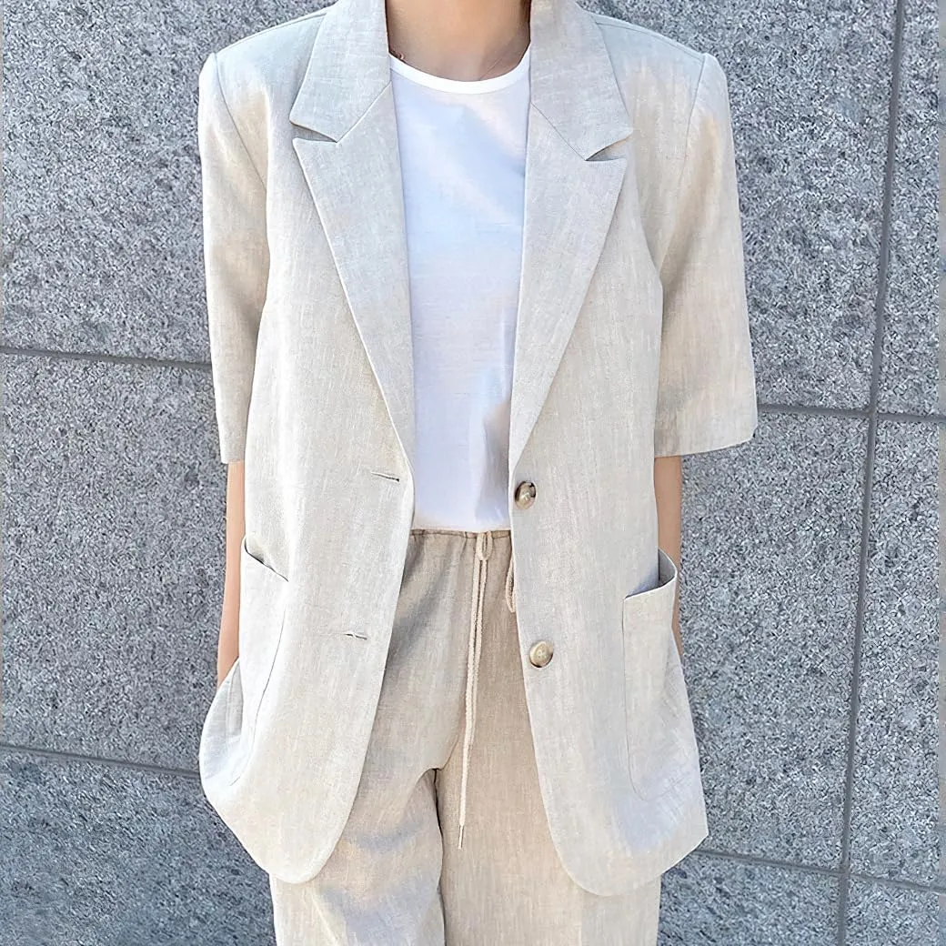 chouyatou Womens Summer Office Cotton Linen Blazer Short Sleeve Open Front Notch Lapel Elegant Jacket Top