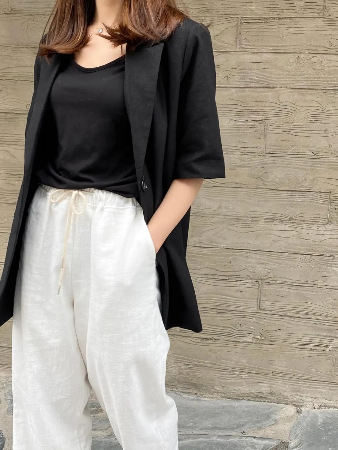 chouyatou Womens Summer Office Cotton Linen Blazer Short Sleeve Open Front Notch Lapel Elegant Jacket Top