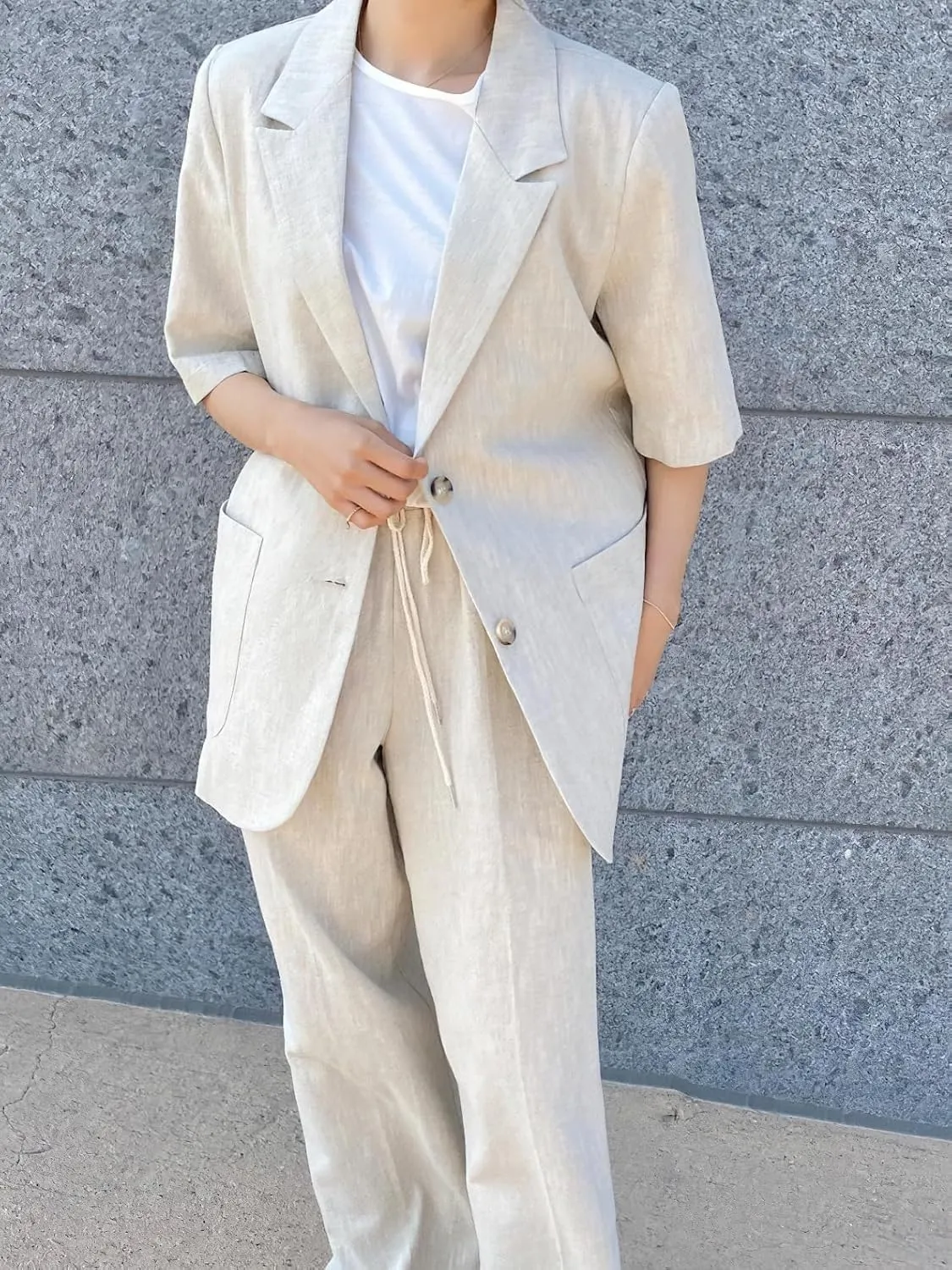 chouyatou Womens Summer Office Cotton Linen Blazer Short Sleeve Open Front Notch Lapel Elegant Jacket Top