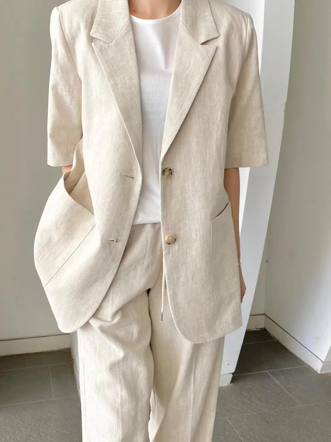 chouyatou Womens Summer Office Cotton Linen Blazer Short Sleeve Open Front Notch Lapel Elegant Jacket Top