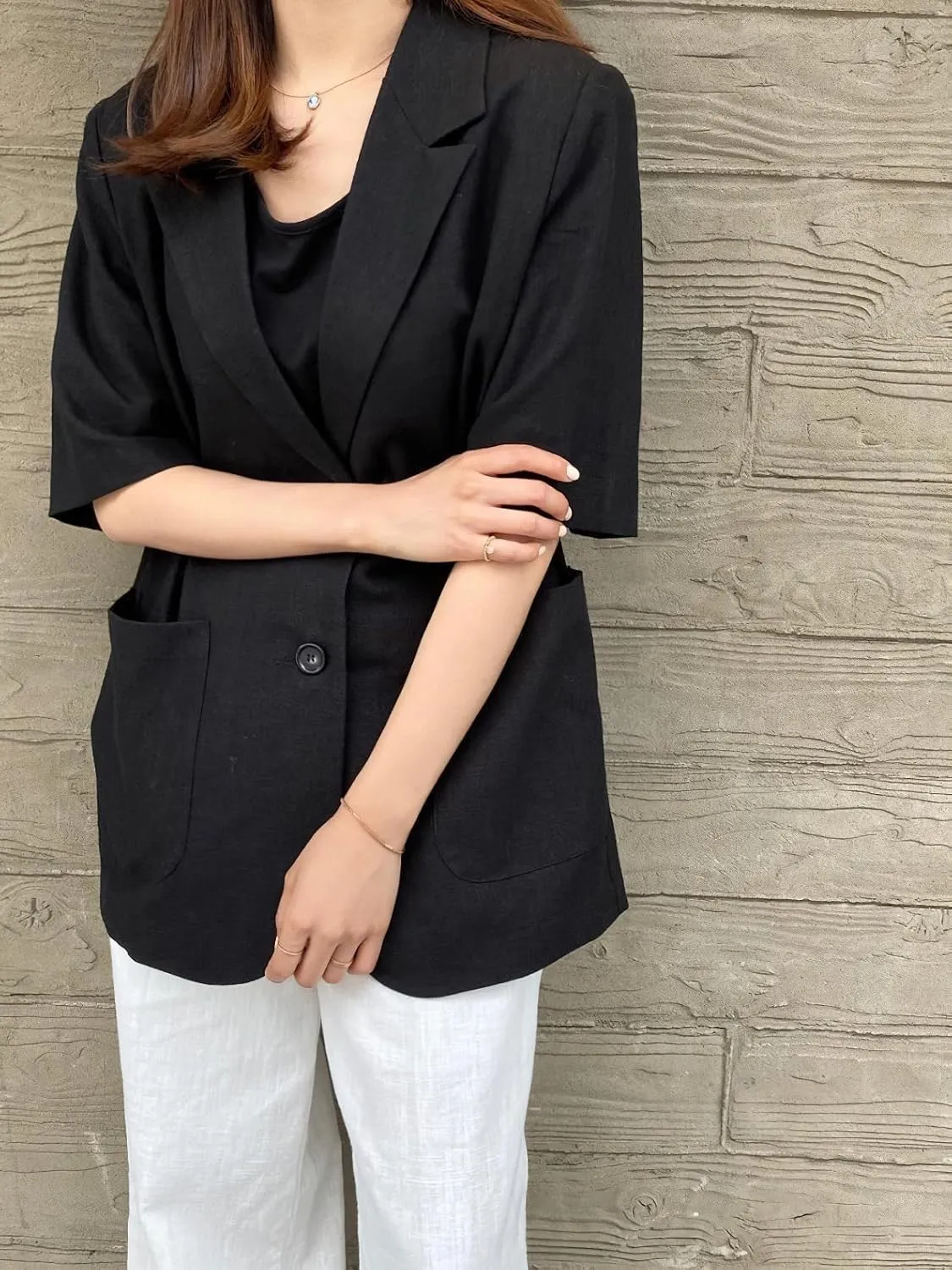 chouyatou Womens Summer Office Cotton Linen Blazer Short Sleeve Open Front Notch Lapel Elegant Jacket Top