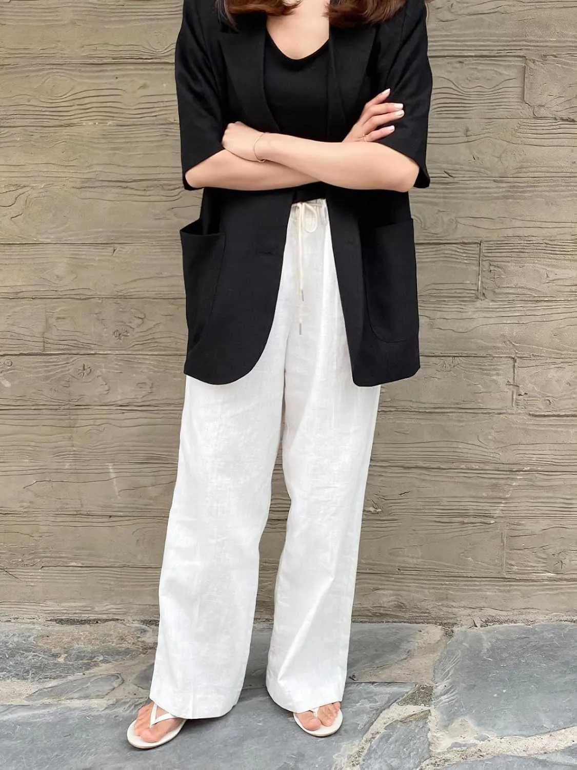chouyatou Womens Summer Office Cotton Linen Blazer Short Sleeve Open Front Notch Lapel Elegant Jacket Top