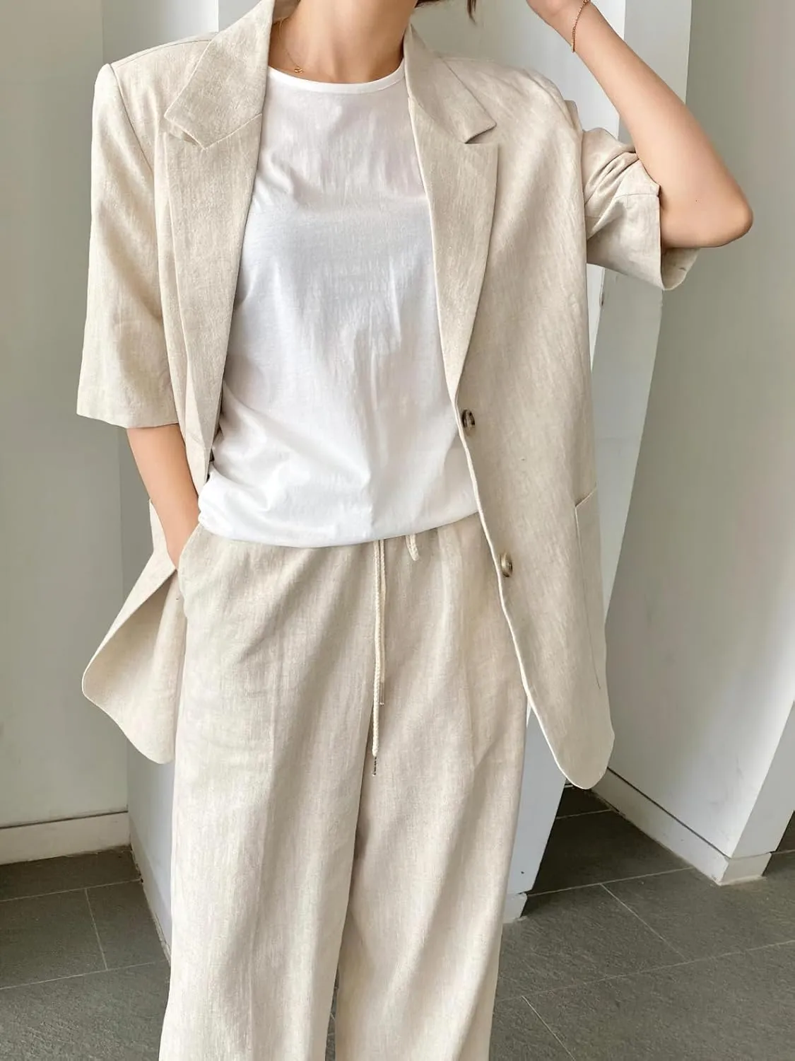chouyatou Womens Summer Office Cotton Linen Blazer Short Sleeve Open Front Notch Lapel Elegant Jacket Top
