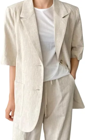 chouyatou Womens Summer Office Cotton Linen Blazer Short Sleeve Open Front Notch Lapel Elegant Jacket Top