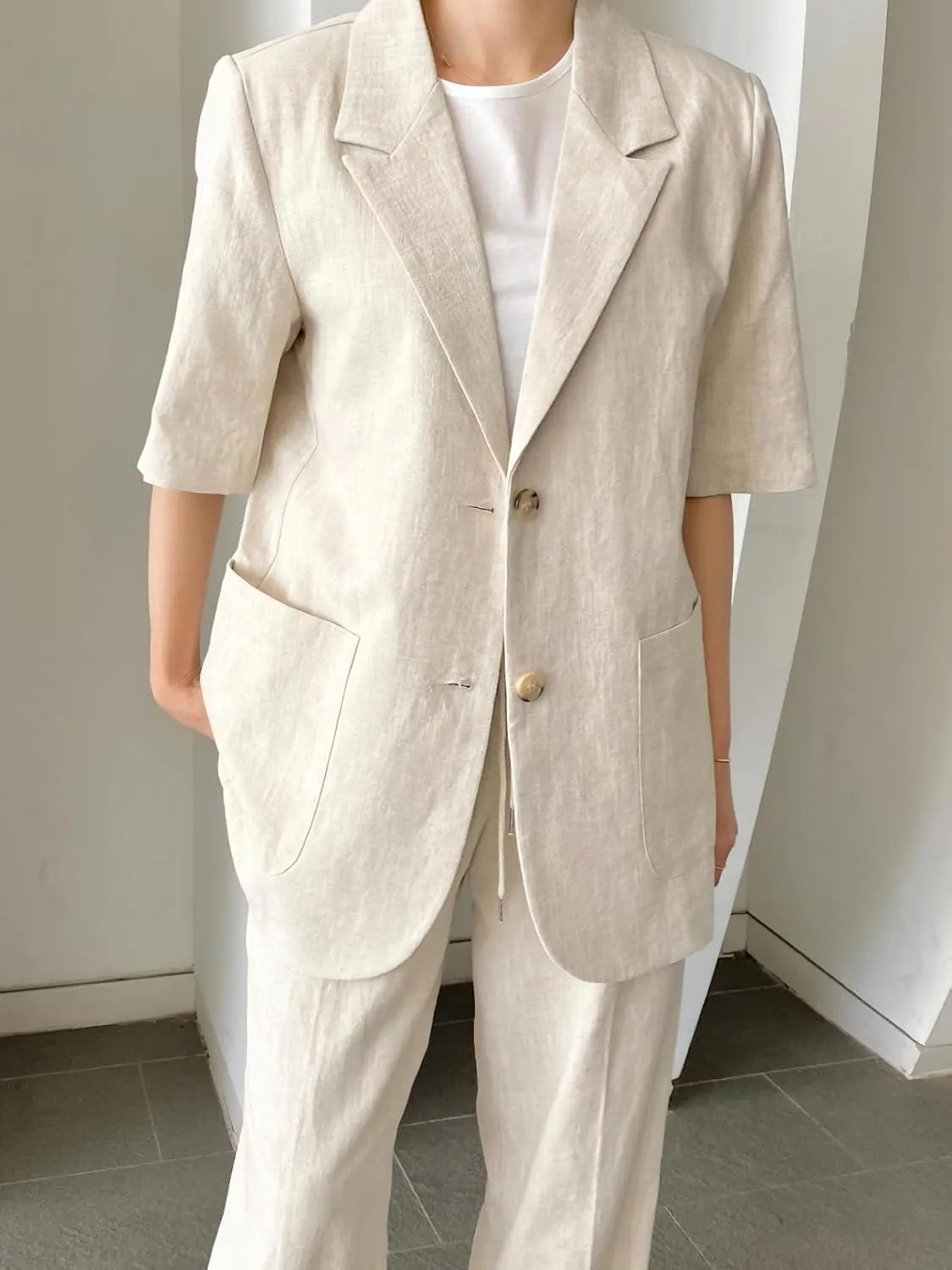 chouyatou Womens Summer Office Cotton Linen Blazer Short Sleeve Open Front Notch Lapel Elegant Jacket Top