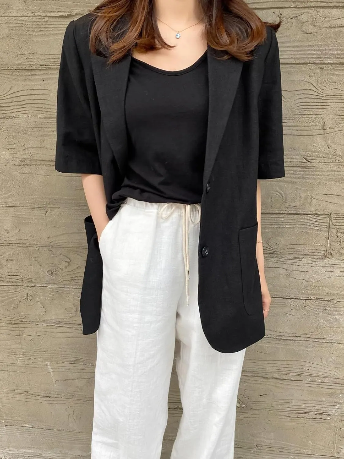chouyatou Womens Summer Office Cotton Linen Blazer Short Sleeve Open Front Notch Lapel Elegant Jacket Top