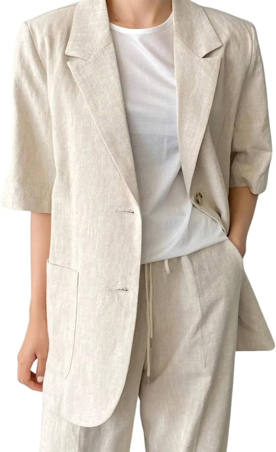 chouyatou Womens Summer Office Cotton Linen Blazer Short Sleeve Open Front Notch Lapel Elegant Jacket Top