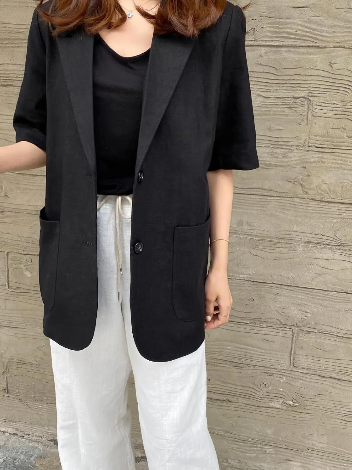 chouyatou Womens Summer Office Cotton Linen Blazer Short Sleeve Open Front Notch Lapel Elegant Jacket Top