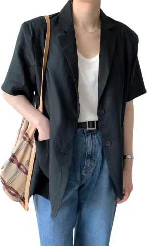 chouyatou Womens Summer Office Cotton Linen Blazer Short Sleeve Open Front Notch Lapel Elegant Jacket Top