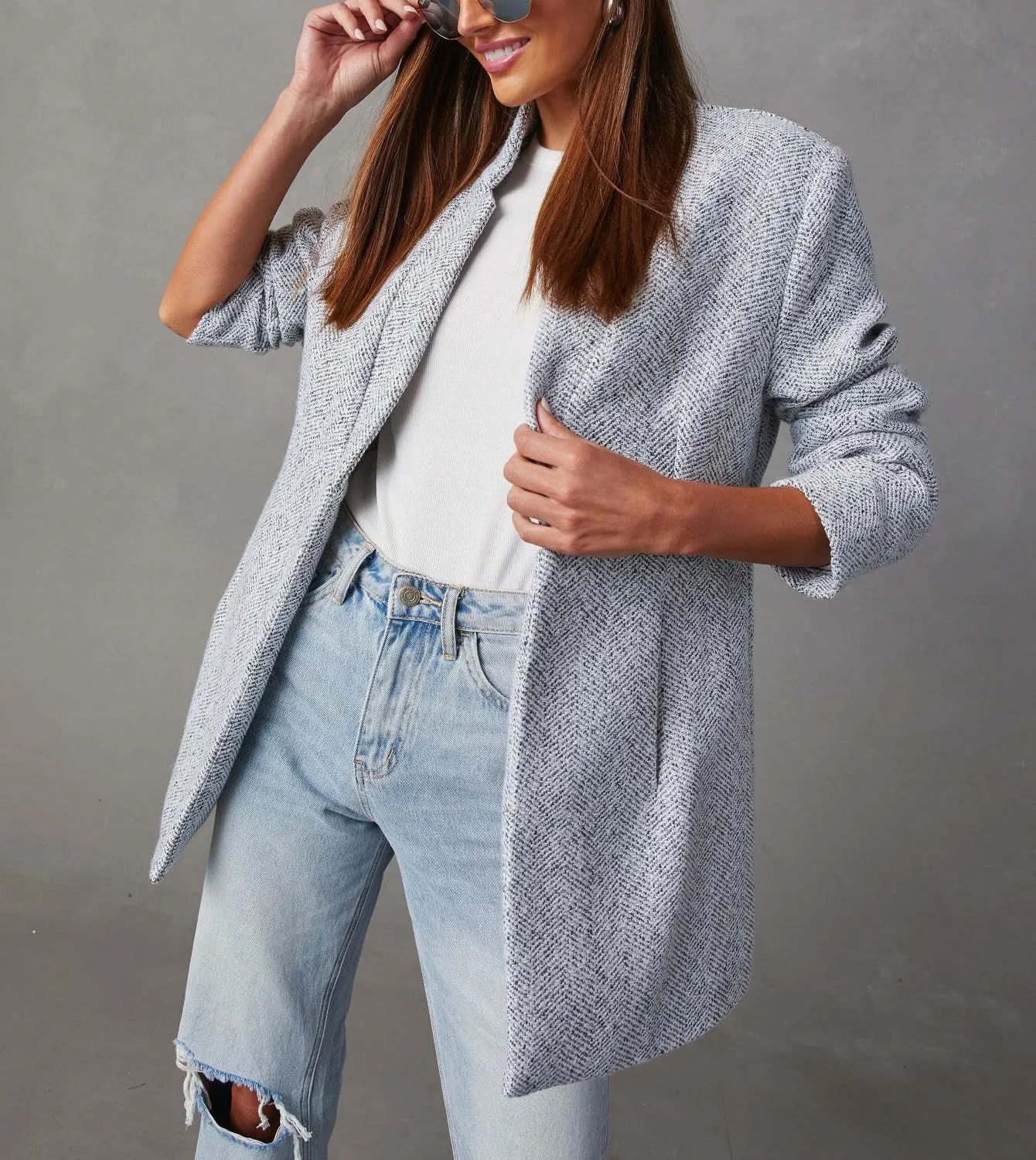 chouyatou Women's Winter Herringbone Stripes Open Front Business Casual Wool Blazer Jacket Overcoat
