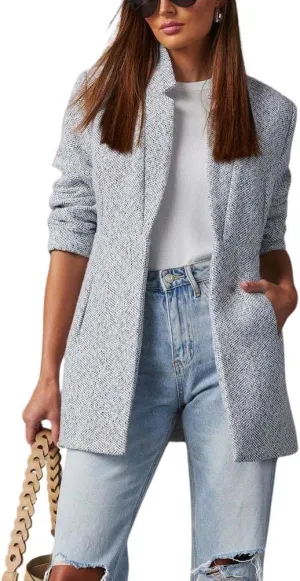 chouyatou Women's Winter Herringbone Stripes Open Front Business Casual Wool Blazer Jacket Overcoat